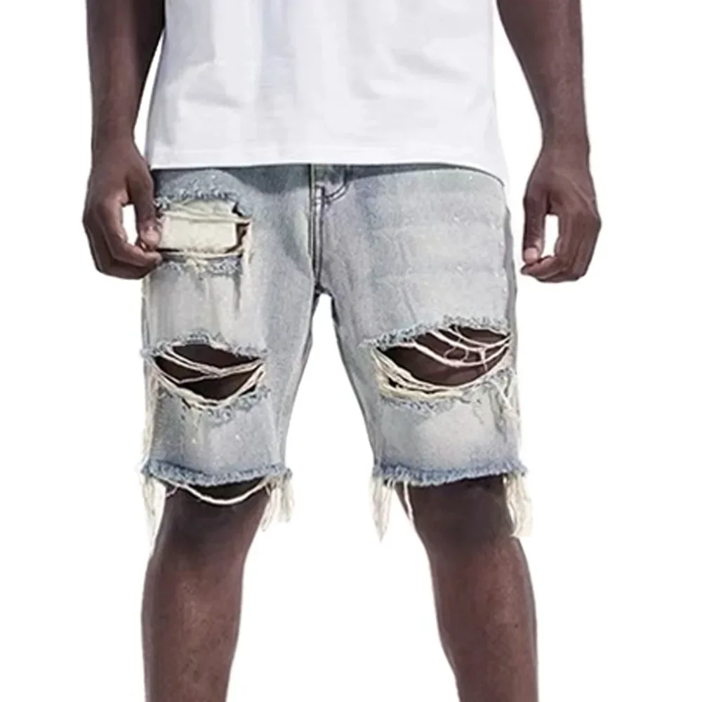 Summer New Fashion Men's Casual Trendy Washed Vintage Hole Patched Loose Wide Leg Shorts High Street Denim Knee Length Jeans