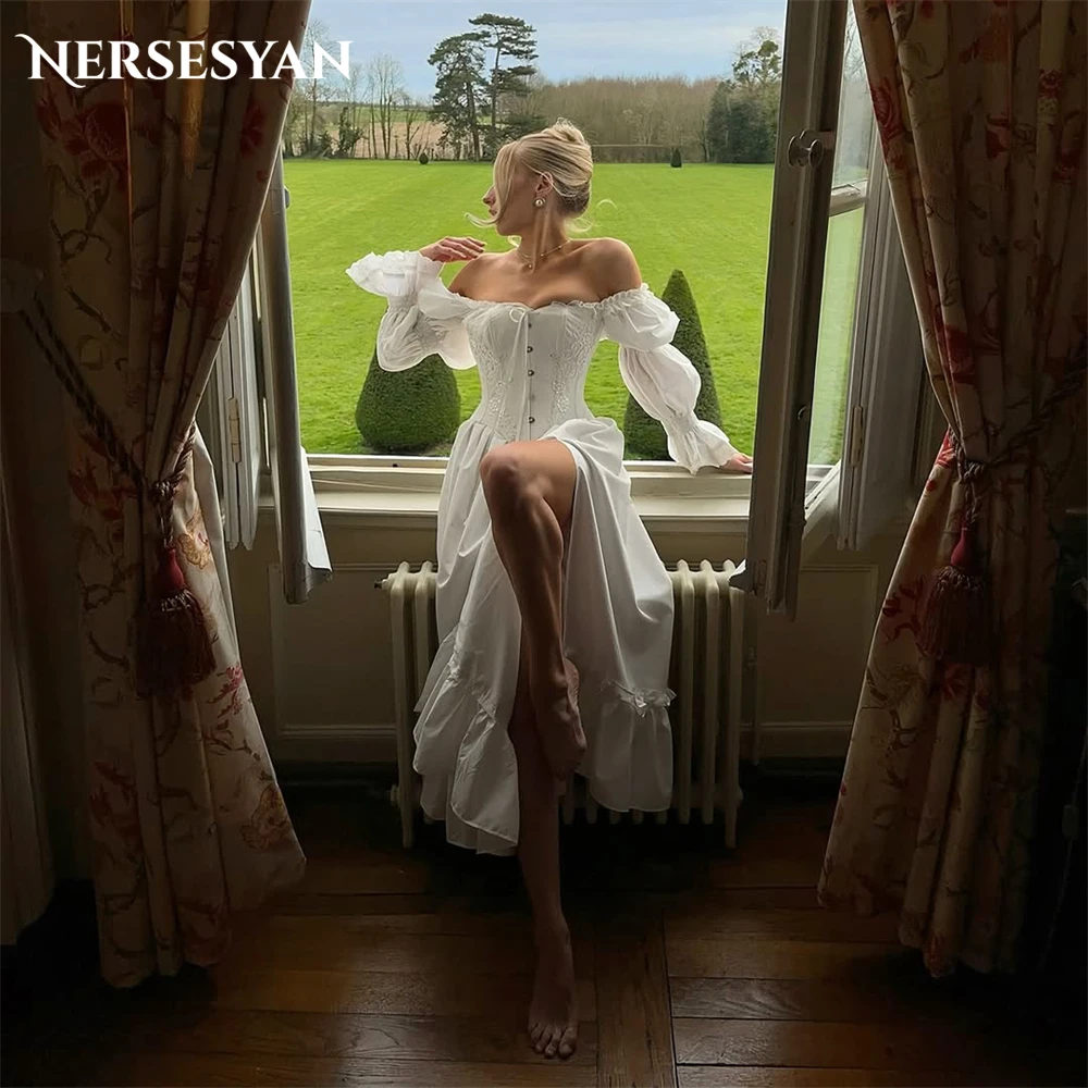 

Nersesyan Luxury Lace Formal Dresses Off Shoulder Puff Sleeves Side Slit Evening Dress Backless Bow Prom Gowns 2025 Customized