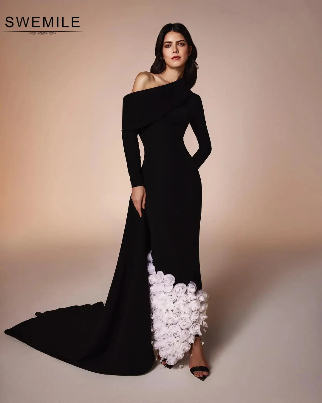 SWEMILE Black Hand-Made Flowers Floor-Length Chiffon Long Sleeves Zipper Up Elegant Party Dresses For Women 2024 Evening Dress