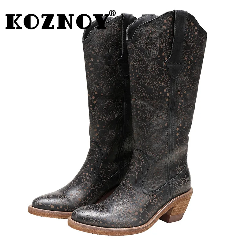 Koznoy 5.5cm 2024 Fretwork Genuine Leather Slip on Western Boots Cowboy Autumn Ankle Knee High Woman Fashion Spring Ethnic Shoes