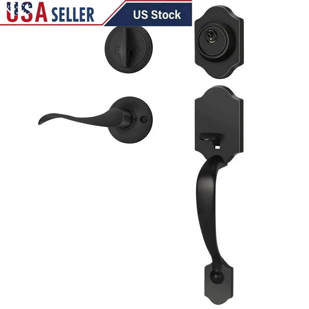 Matte Black Zinc Alloy Door Handle and Deadbolt Set with Adjustable Latch Bolt Universal Fit 1-3/8