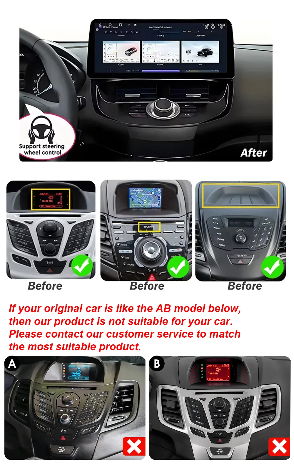 12.3 inch Car Radio GPS Wireless Carplay QLED Screen For Ford Fiesta MK6 MK7 2009- 2016 LHD RHD Android Multimedia Video Player