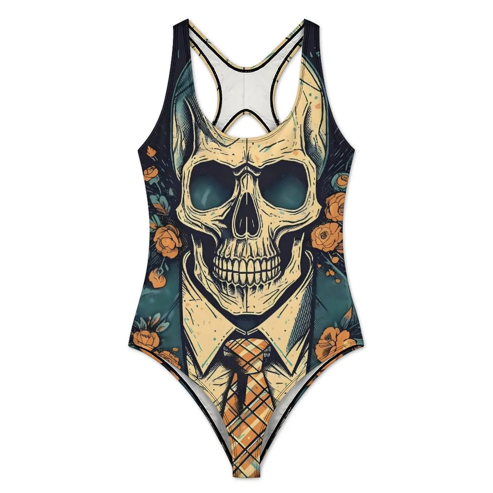 Gothic Print Swimsuit Roses And Skull Swimwear One-Piece Holiday Swim Swimsuits Backless Bathing Suits Woman Push Up Beach Wear