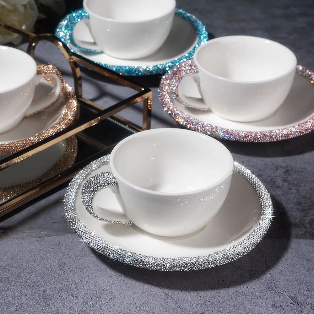 

Bling Ceramic Cup with Rhinestone Handle Saucer Women's Drinking Mug for Office Milk Juice Coffee Water Drinkware 300ml