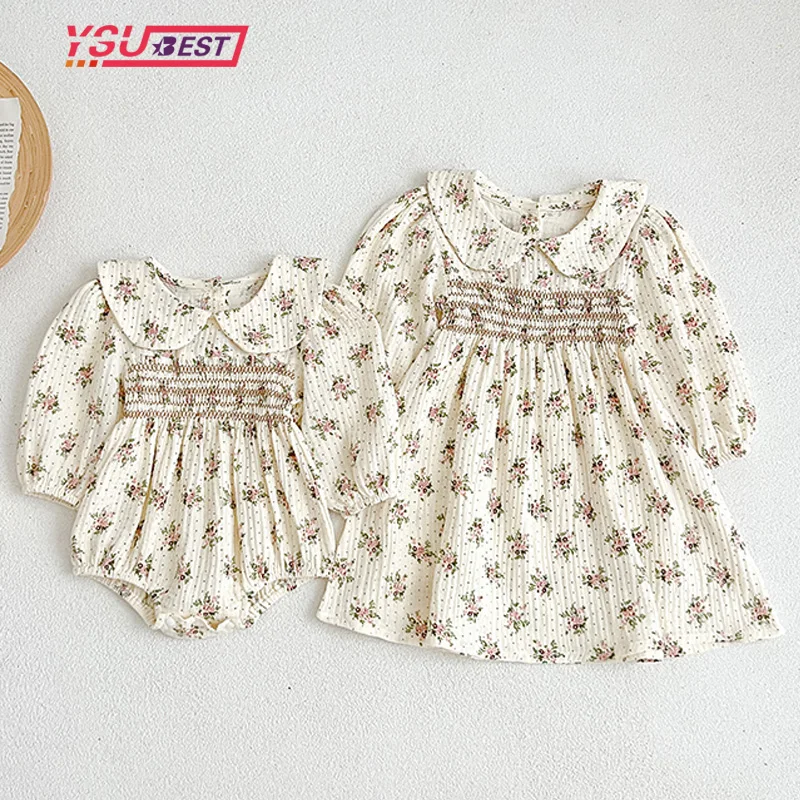 Family Matching Sister Clothing Spring Sister Dress Kids Princess Dresses Baby Girl Romper Long Sleeved Cotton Print Party Dress