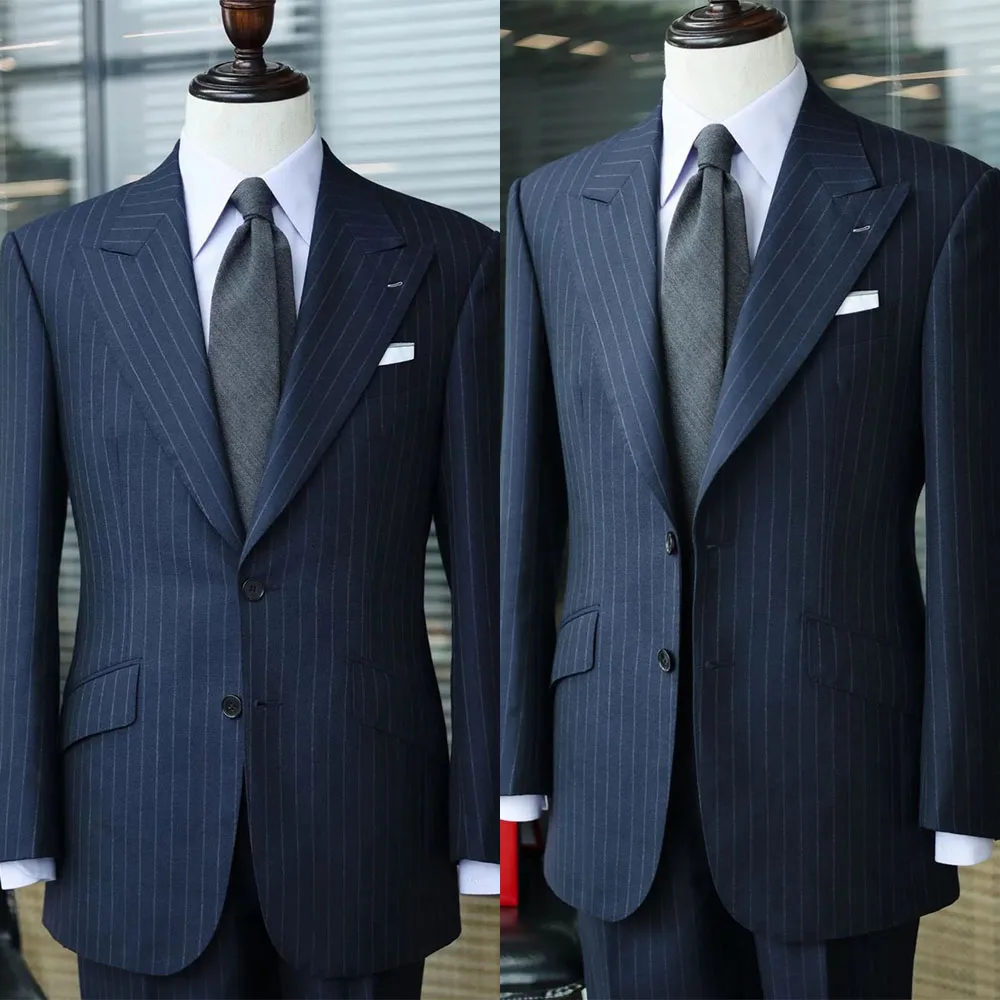 

Black Pinstripe Men Suits 2 Pieces Blazer Pants Tailored Single Breasted Fashion Formal Business Groom Causal Prom Summer