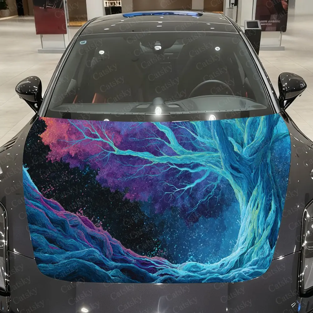 สติ๊กเกอร์ติดฝากระโปรงรถลายต้นไม้เนบิวลาที่น่าหลงใหล - มีกาวในตัว กันน้ำ และทนทาน หุ้มด้วยไวนิล ตกแต่งและปกป้องรถของคุณ -
