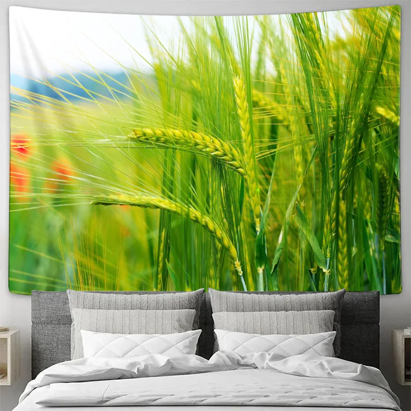 Green Wheat Field Nature Landscape Wall Tapestry Machine Washable All Season Decor Print Home Enhance spatial aesthetics
