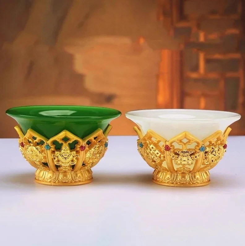 Novo dourado tibetano ghee tigela liga de zinco tântrico copo de água benta 8.5 cm gravado budista pedra verde tigela presente desktop decorativo