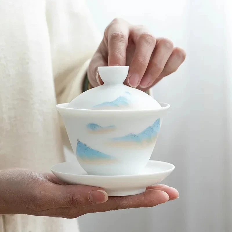 Ceramic Whiteware Cover Bowl Kung Fu Tea Cup Tea Bowl Large Single Household Half-Handmade Tea Making Device Gaiwan