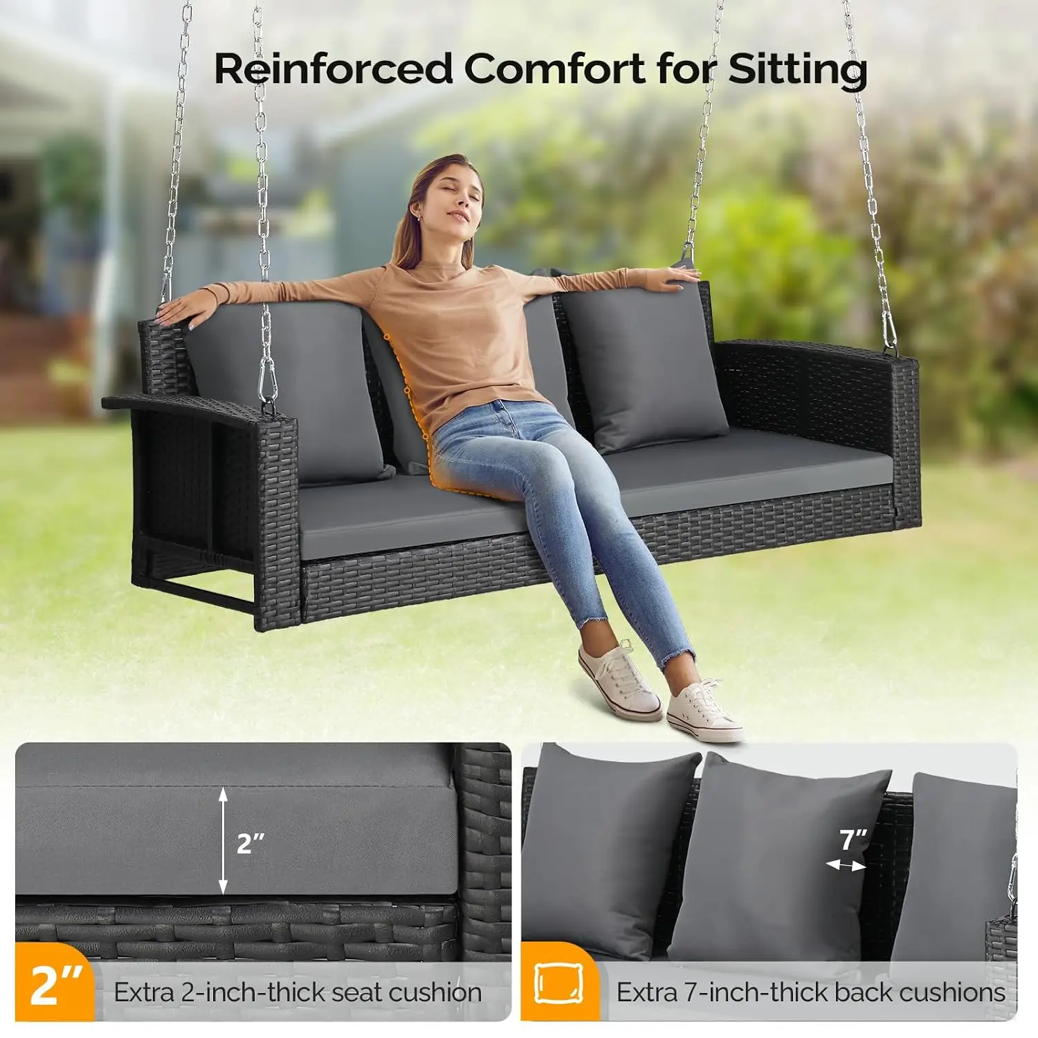 5FT Wicker Swing Stand, 800LBS Rattan Porch Swing, 3 Person Bench with Cushion&Chains, Heavy Duty Outdoor , Customized