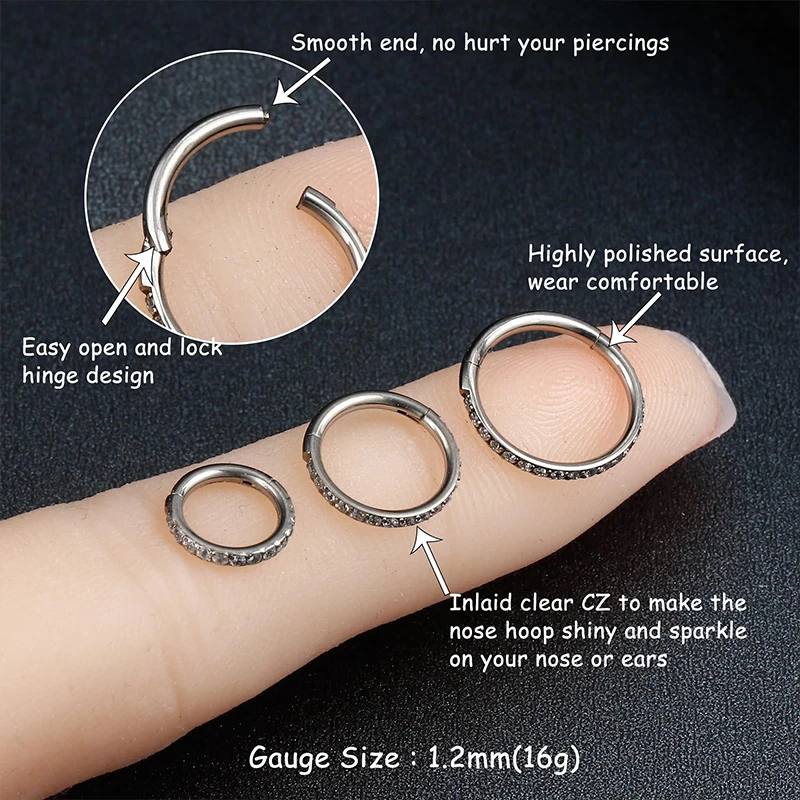 Hypoallergenic Titanium 16G CZ Huggie Hoop Earring Hinged Clicker Cubic Zircon Cartilage Helix Conch Nose Ring Jewelry Piercing