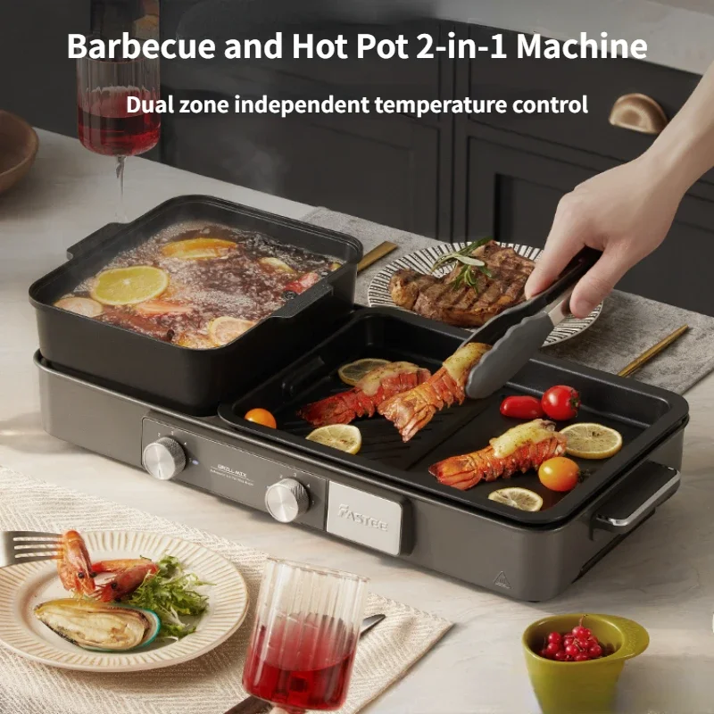 Barbecue and Hot Pot 2-in-1 Machine Dual Zone Independent Temperature Control Non-Stick Coating Hotpot Grill Electric BBQ гриль