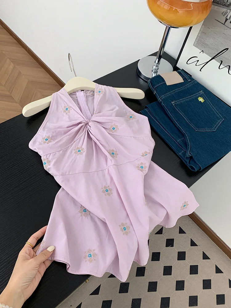 

Ele Embroidered Waist-Cinching V-Ne Knot-Ne Svel Top for Women Summer Sweet Sle High Waist Straight Cut Midi ...