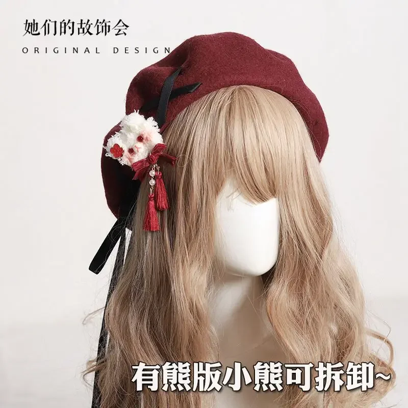 Lovely Beret Lolita Handmade Caps elegant Bow Autumn Winter Warm Berets Wool felt beanies woman's hat