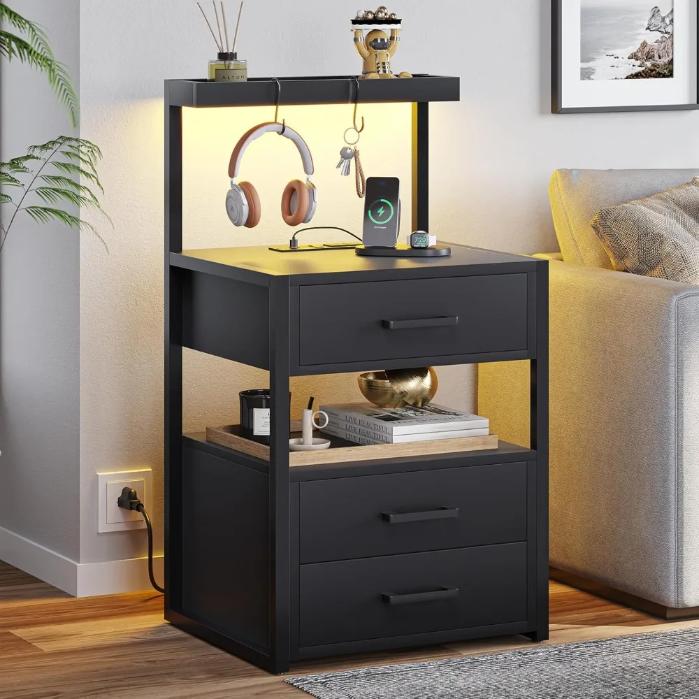 LED Nightstand with Charging Station, 3 Drawers Bedside Table with LED Lights, Black Storage Shelves Night Stand
