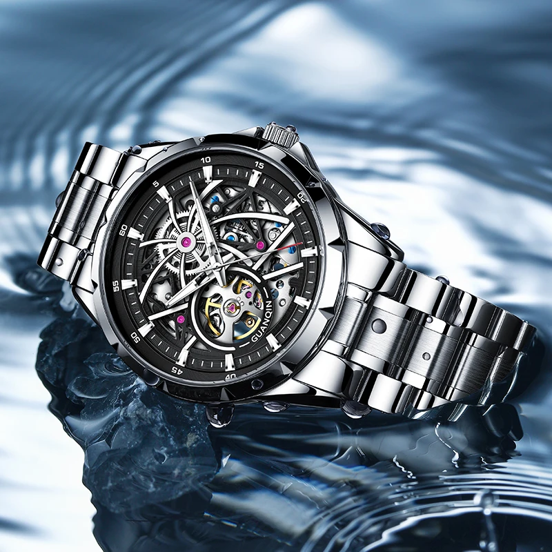 GUANQIN Men's Watches Automatic Mechanical Watches Skeleton Firework Luminous Business Fashionable Waterproof Wristwatch for You