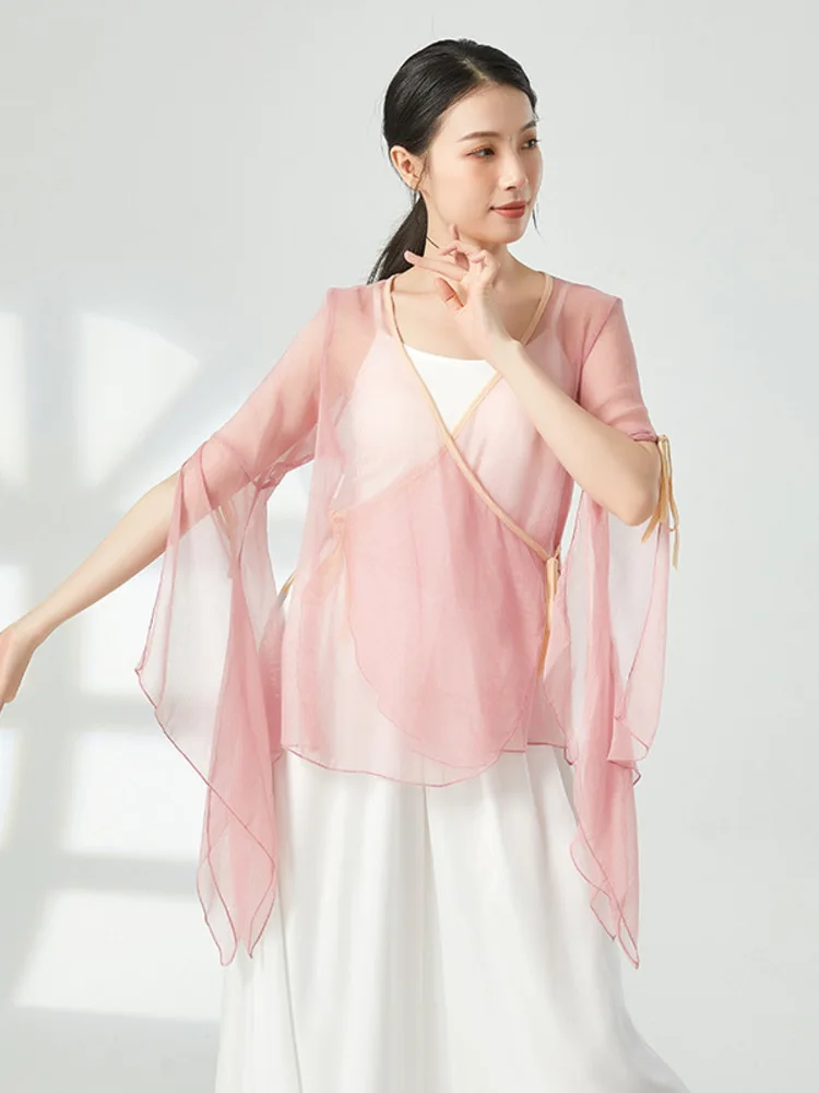 بلوزة رقص فضفاضة بأكمام جرس شبكية على شكل حرف V - ملابس أداء أنيقة بأكمام طويلة للنساء ملابس أزياء المسرح الكلاسيكي