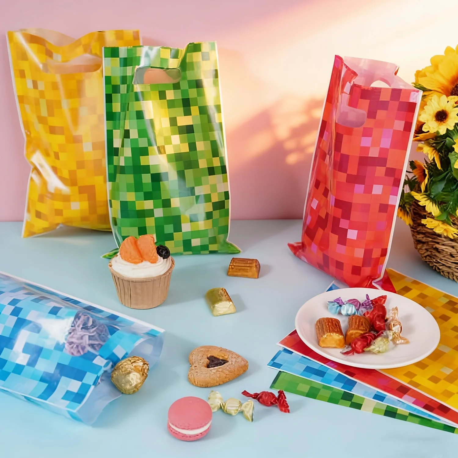 Pixel-Style Plastik-Partygeschenktüten Bunte Pixel-Geschenktüten für Themen-Geburtstagspartys Verpackungszubehör – Detail 4