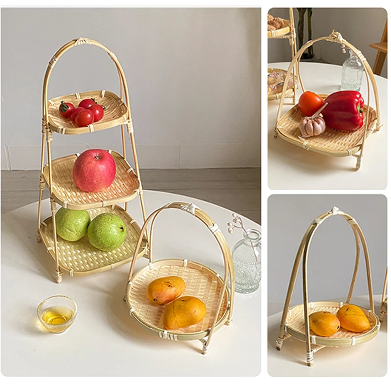 Multi-function Bamboo Woven Basket 1/2/3 Layers Fruit Vegetable Storage Basket Durable Handwoven Standing Tray For Kitchen