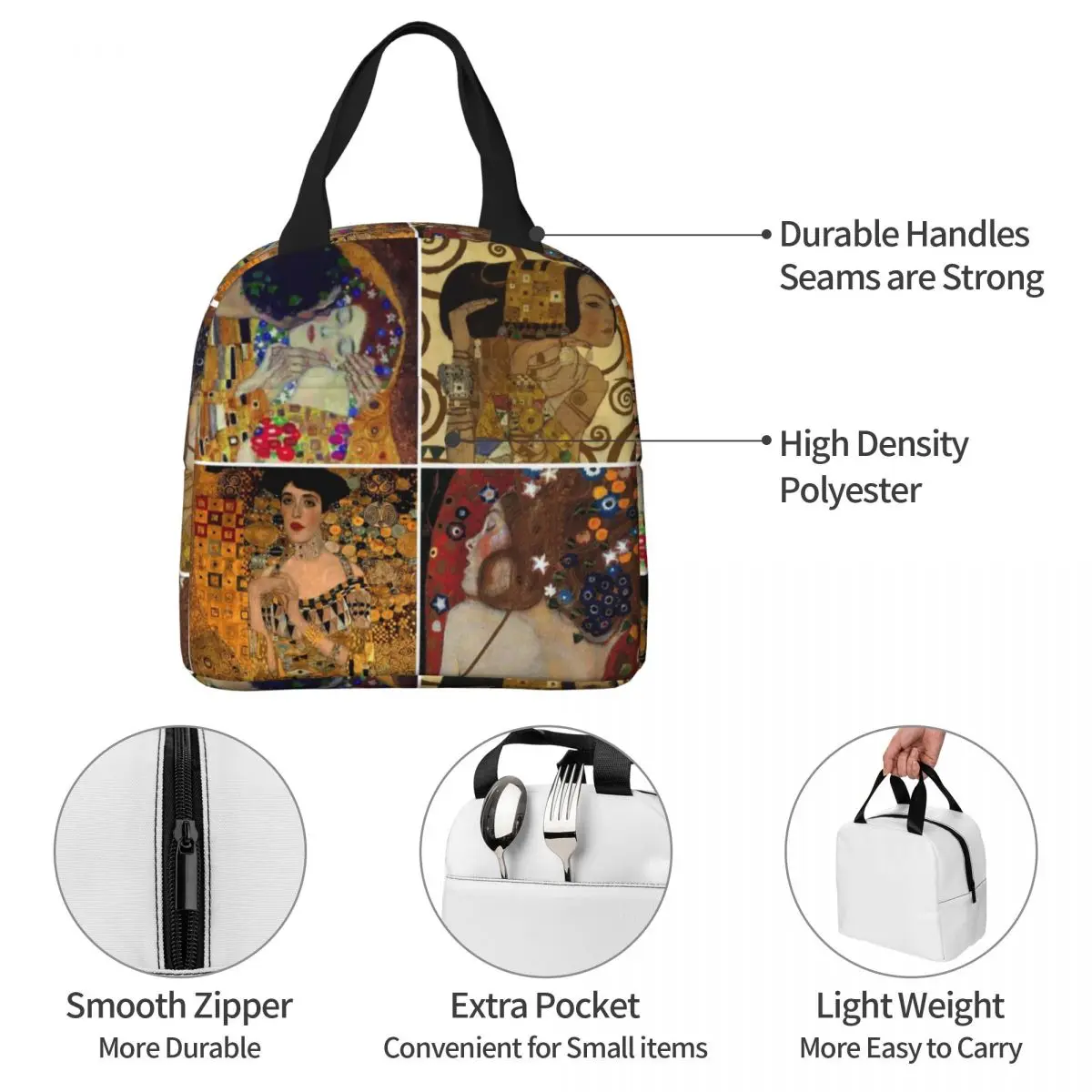 Gustav Klimt Freyas Lancheiras isoladas Árvore da Vida O Beijo Adele Bloch-Bauer Senhora Refeição Recipiente Cooler Bag Tote Lunch Box