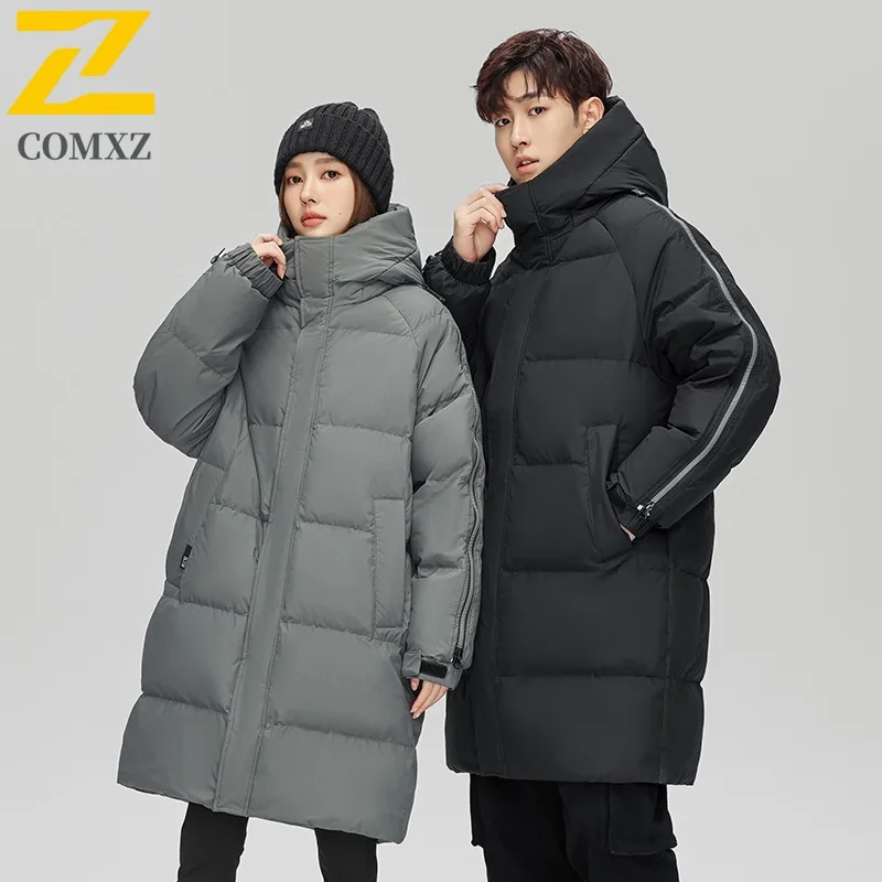 COMXZ New Winter Down Padded Jacket Men Women Korean Fashion Long Warm Thick Padding Coat Outdoor Ski Cold-proof Hooded Parka