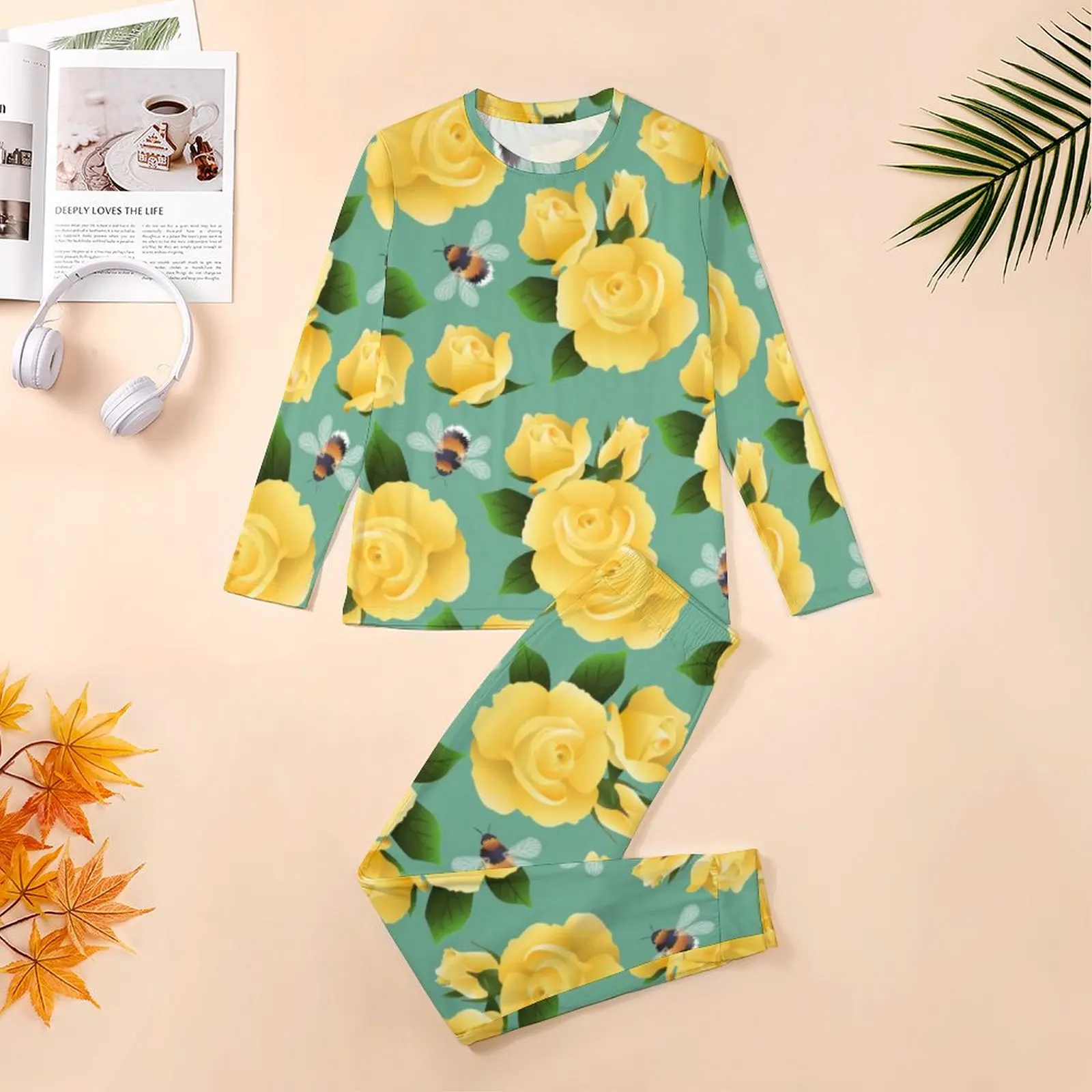 Flying Bees Pajamas Long Sleeve Yellow Roses Print Two Piece Casual Pajamas Set Autumn Men Custom Elegant Oversized Sleepwear