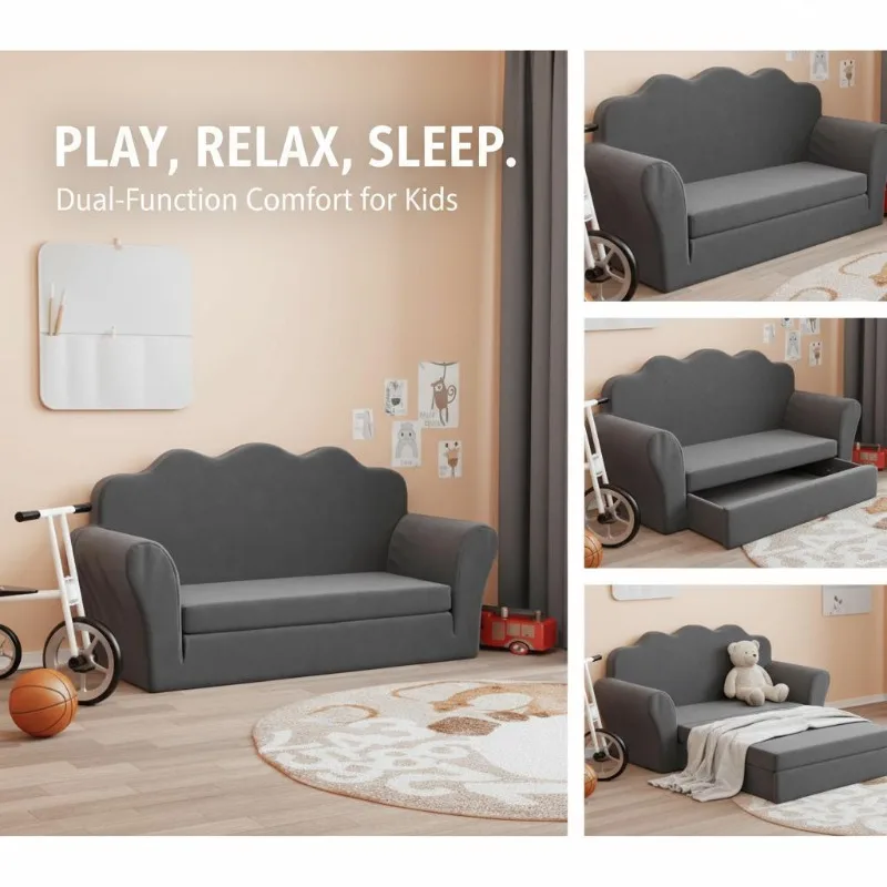 Sofá cama infantil de 2 plazas, color antracita, felpa suave