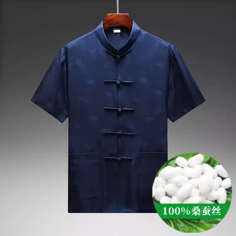 Frog Tang Costume Chinese Style Shirts For Men Mulberry Silk 100% Summer Quality Short Sleeve Soft Comfortable Camisas De Hombre