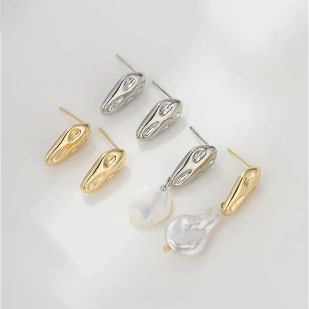 

925 Silver Needle 14K Package Gold Concave Convex Meteorite Water Droplet Hanging Rings Earstuds DIY Pearl Ear Jewelry Accessori