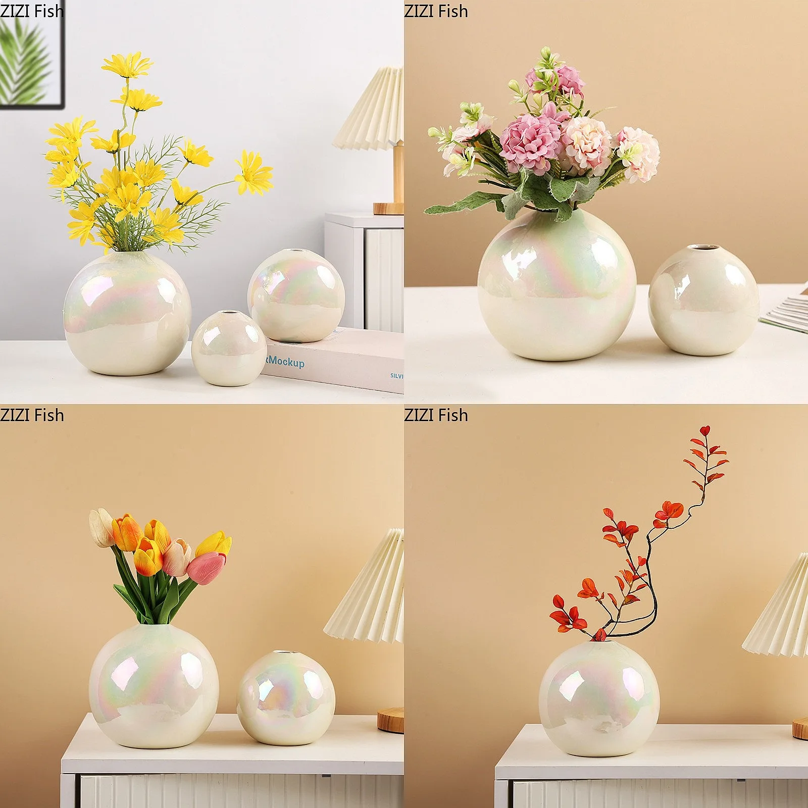 Pearl White Ball Ceramic Vase for Artificial Flowers Arrangement Desk Decor Home Aesthetic