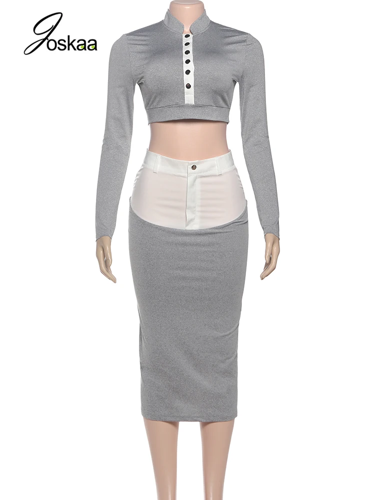 Joskaa الخريف المرقعة 2 قطعة مجموعة النساء محب كم كامل زر المحاصيل القمم منتصف تنورة مطابقة الشارع الشهير مكتب وتتسابق #4