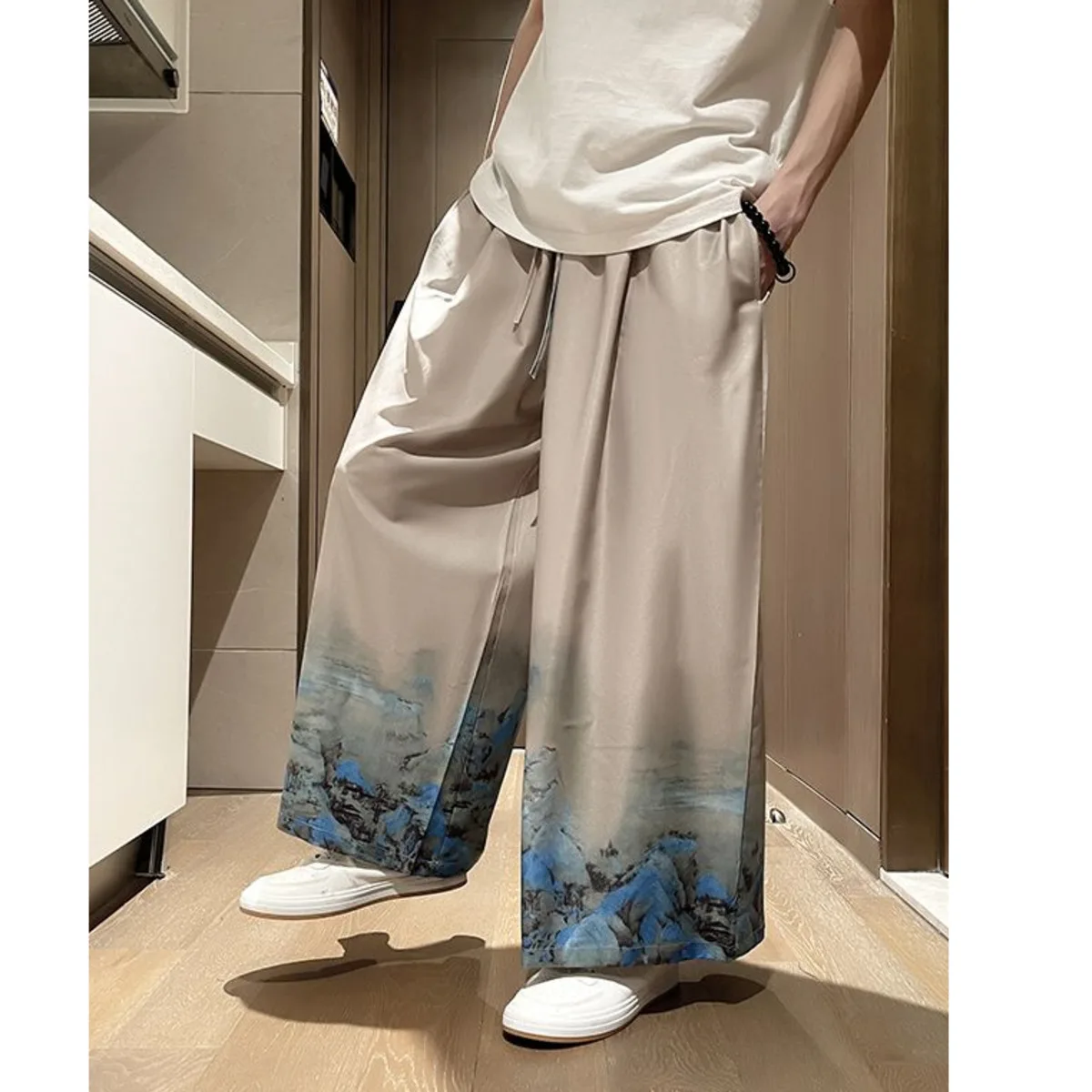 Summer Culottes Thin Flowing Comfortable Crane Cropped Chinese Featuring Loose Ethereal Elegance Mens Clothing Wide Leg Pants