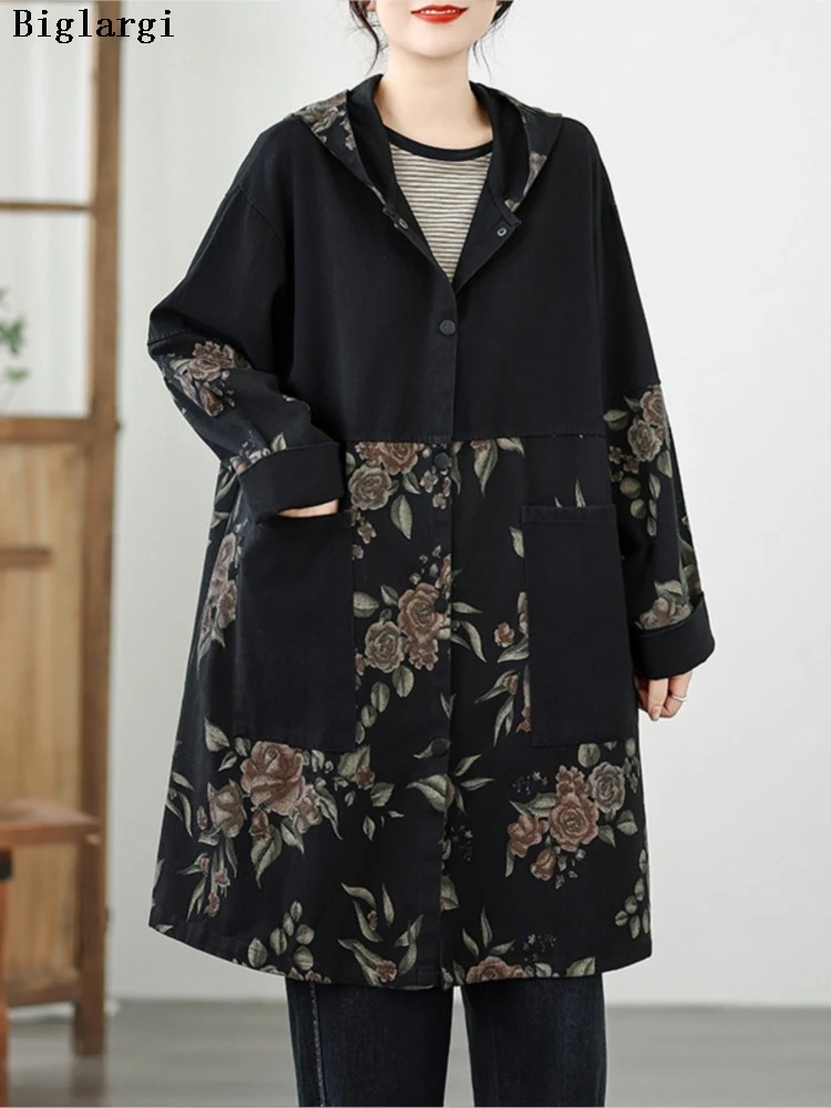

Oversized Autumn Denim Hooded Coat Women Flower Floral Fashion Ladies Loose Casual Woman Long Trench Coats