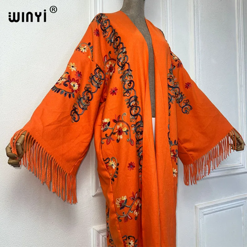 WINYI autumn Winter Women tassel Pashmina Embroidery Long Coat  Lapel OverCoat Thick Warm free size Middle East Female KIMONO