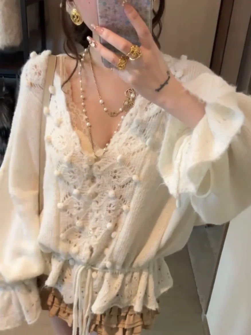 Atasan Kardigan Terbuka Rajutan Longgar Pakaian Rajut Sve Berongga V-ne Lembut Wanita untuk Musim Gugur 2025 Sle Nyaman Kasual