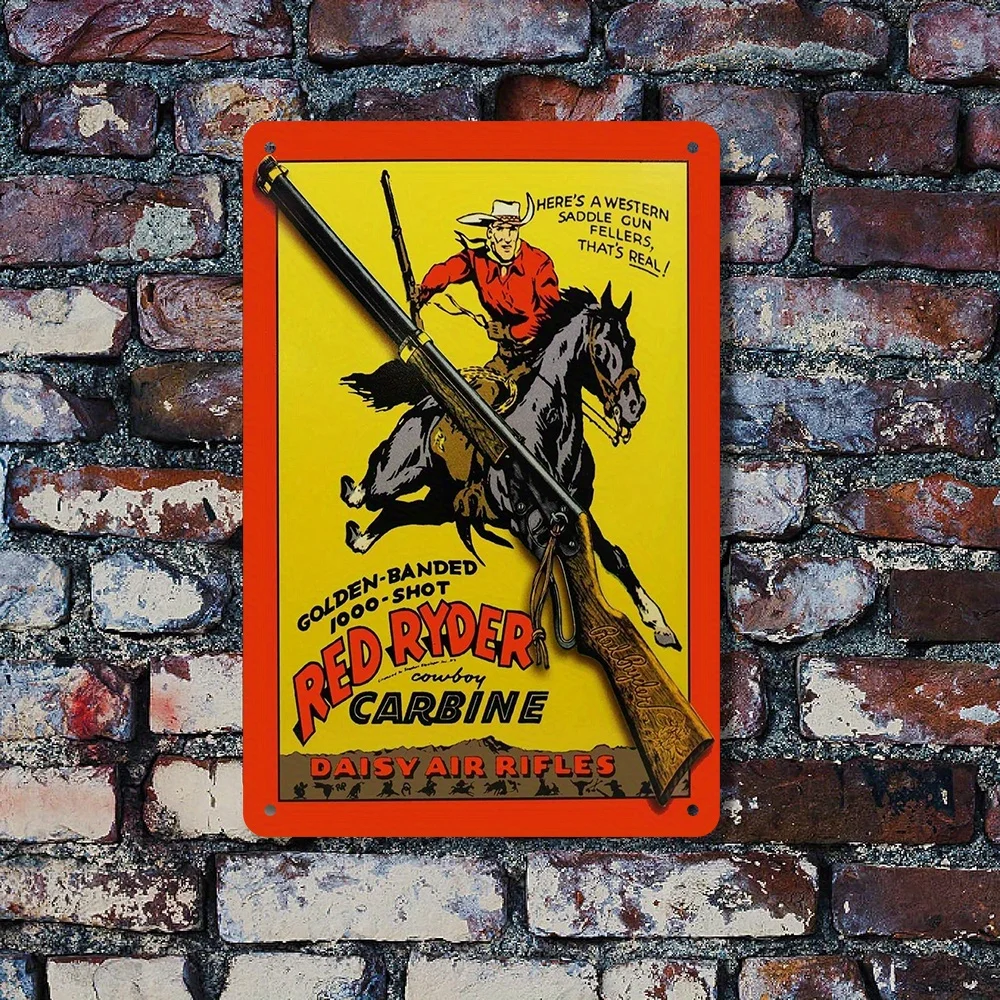 Vintage Western Outlaw Metal Sign - Red Cowboy Carbine Daisy Air Rifles, Art Deco Style, Iron Wall Hanging Decor, Pre-Drilled fo