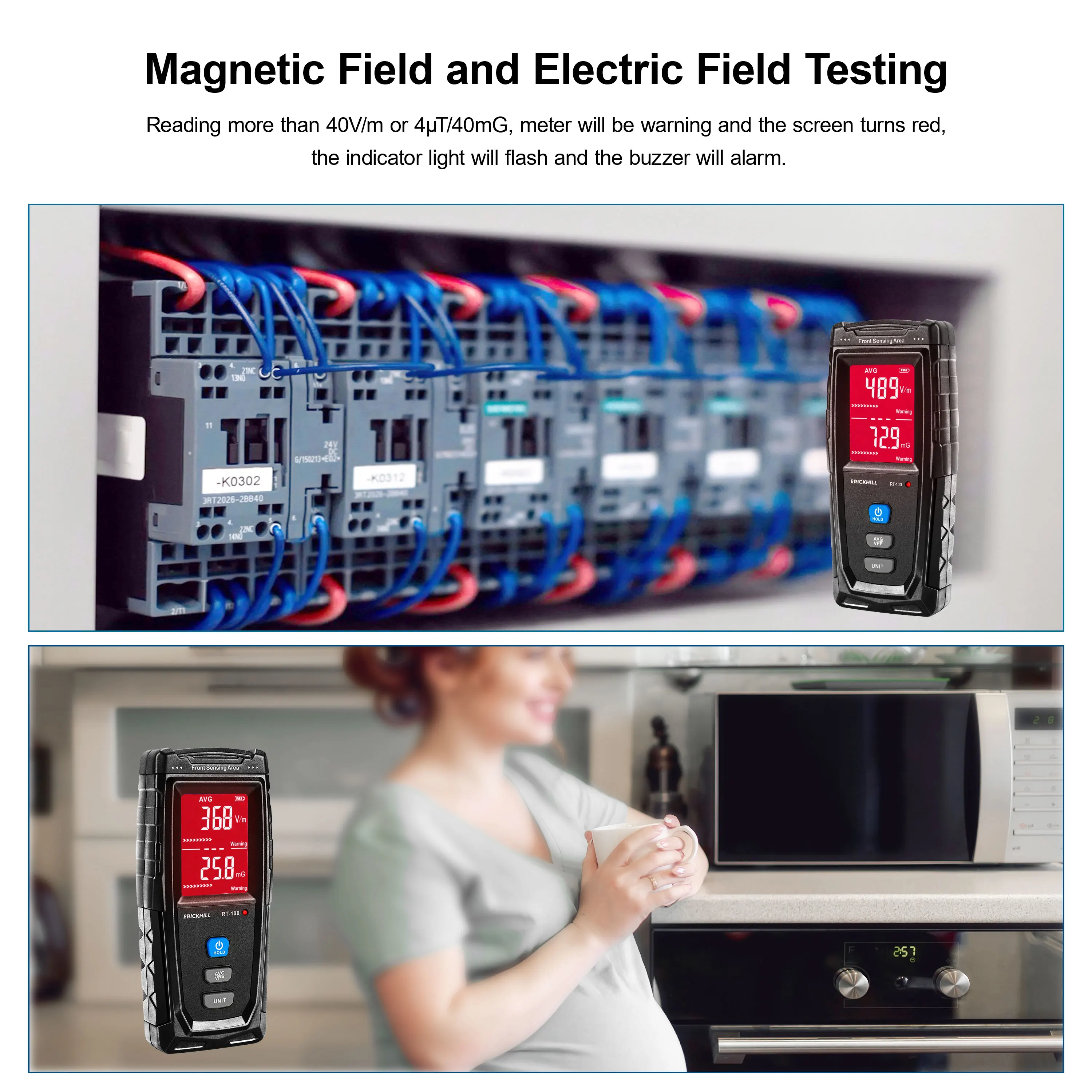 RT-100 EMF meter, Rechargeable Digital Electromagnetic Field Radiation Detector Handheld Digital LCD EMF Detector