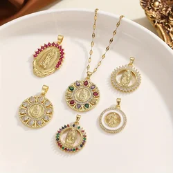 New Gold-plated Colored Zircon Pendant Retro Virgin Mary Series All-match Temperament Pendant Necklace Jewelry Color Random