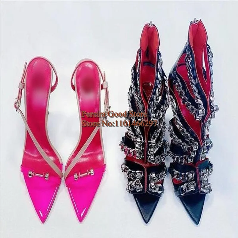 

Nude Red Leather Patchwork Pointed Toe High Heel Sandals Gold Metal Studded Button Strappy Sandals Hollow Celebrating Bride Shoe