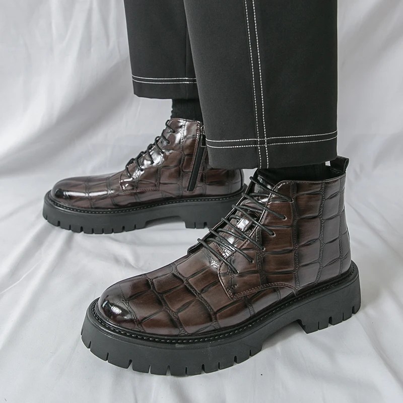 

Fashion Brand Men Autumn Crocodile Leather Short Boots High Quality Lace Up Height Increasing Thick Soled High Top Leather Shoes