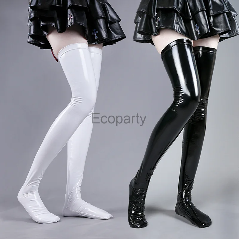 New Women Shiny Faux Leather Thigh-High Socks Black Bright Over Knee Stockings Anime Cosplay Costume Accessory