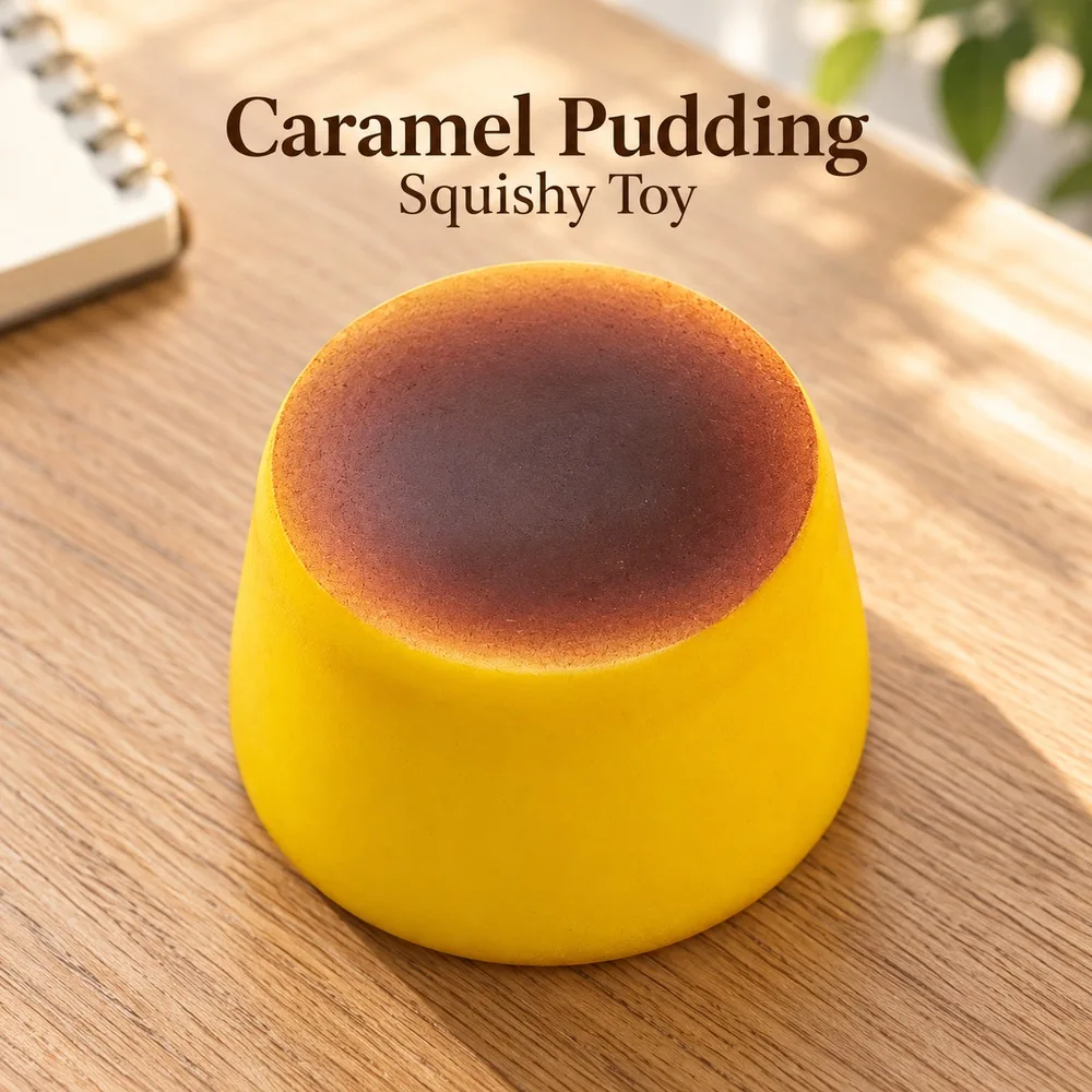 Caramel Pudding Squishy Toy Soft Yellow TPR Dessert Shape with Brown Top Handheld Squeeze Fidget Desk Gift for Teens and Adults