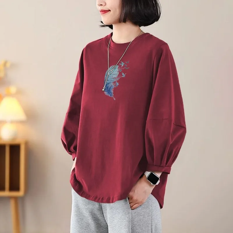 Modna koszulka damska z czystej bawełny z rękawami typu lampion, uniwersalna, luźna bluzka na jesień, nowy nadruk, styl zachodni.