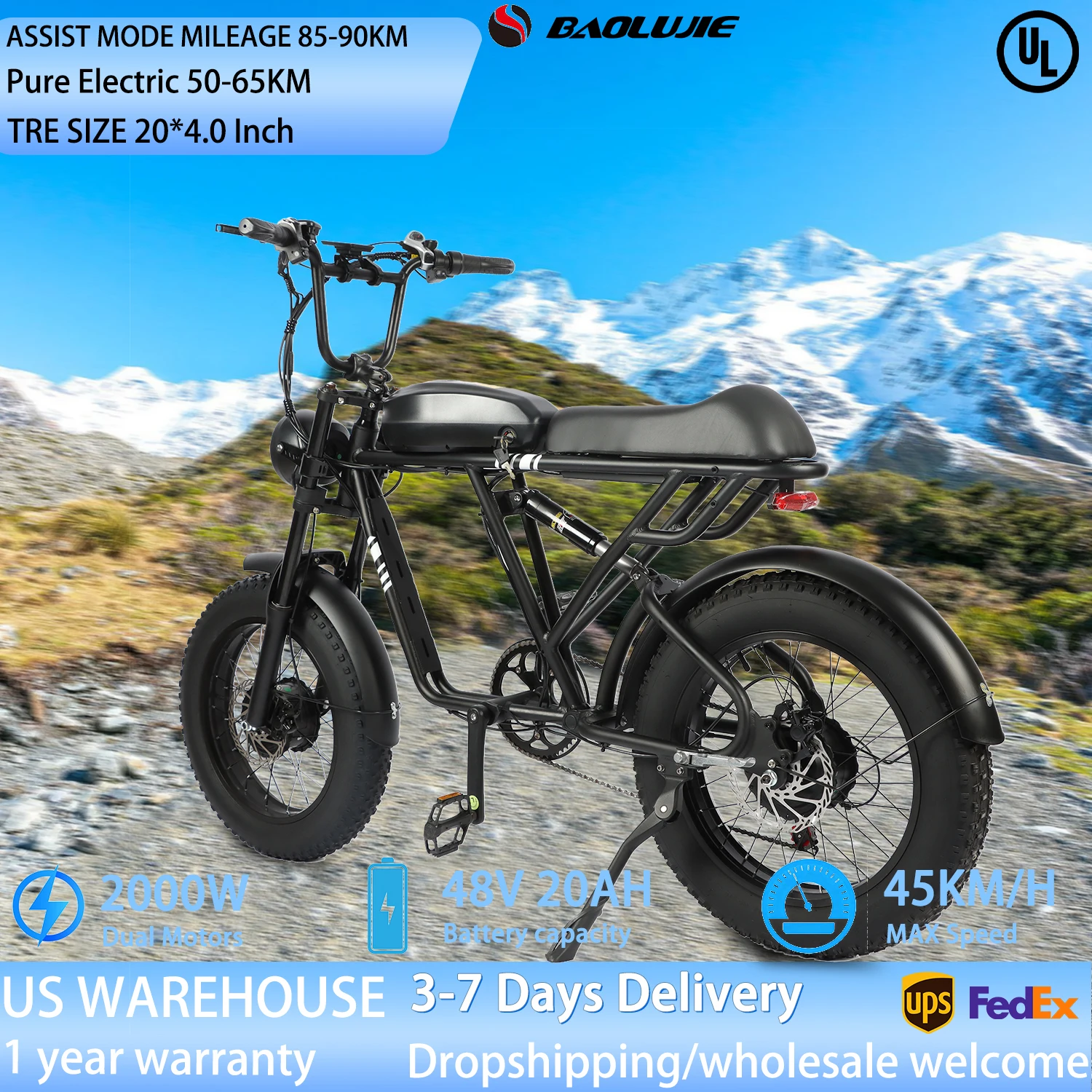 

E bike 2000W Dual Motors Electric Bike Adult 48V 20AH Removable Battery 20''X4.0" Fat Tire 7-Speed E-Bike with Dual Disc Brake