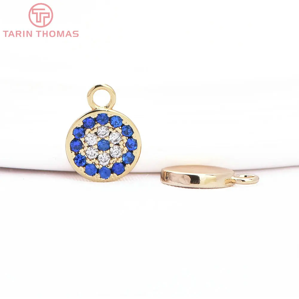 (1603) 4PCS 7.2MM 24K Gold Color Brass with Zircon Round Charms Pendants High Quality Diy Jewelry Findings Accessories Wholesale
