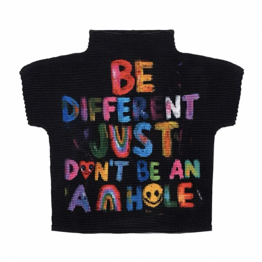 

vintage print design T-shirt summer graffiti black slim-fit letter hottie short-sleeved pleated slim top