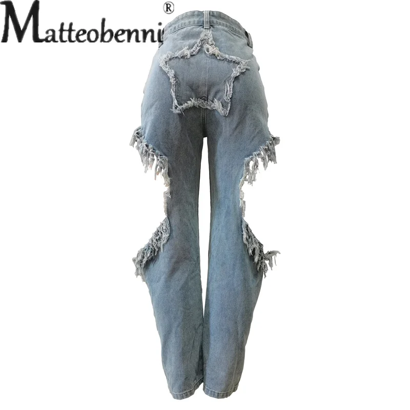 Sexy Broken Holes Splicing Tassel Straight Jeans Female Fashion Hollow Out Denim Pants Trend Casual Streetwear Women's Trousers