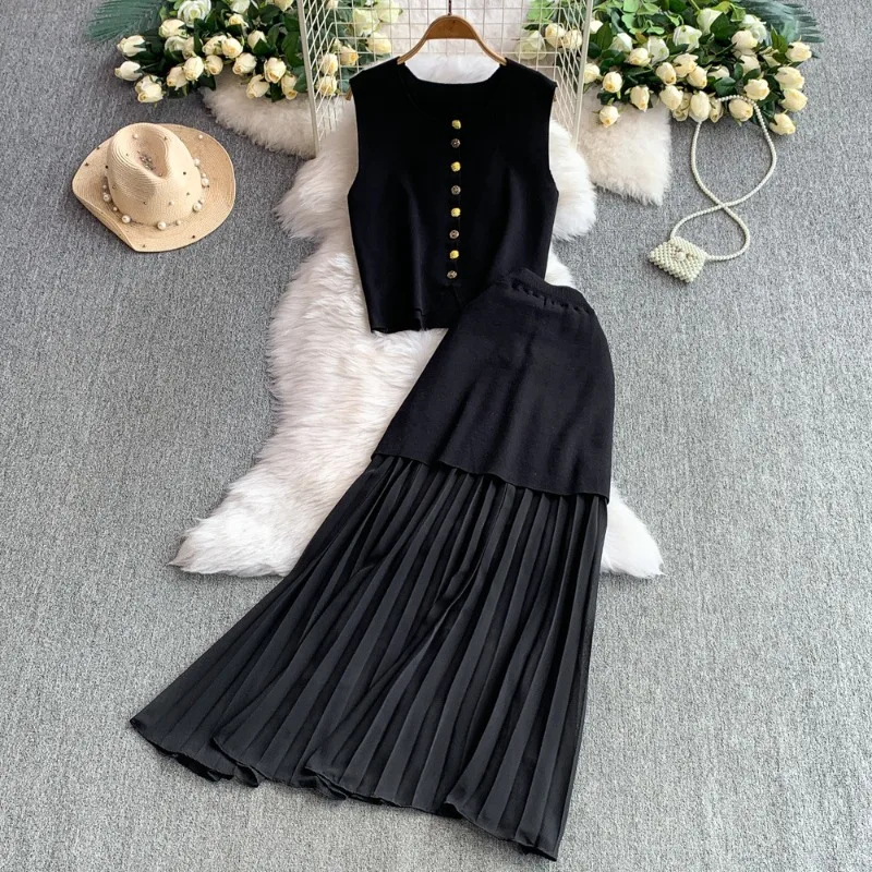 

Summer Lady Elegant Patchwork Aesthetic Solid Color Long Skirts and Knitted Vest Tops Brand Fashion Two Piece Suits for Women