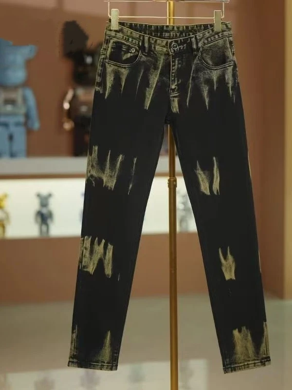 

Мужские облегающие джинсы, осень-зима, новые повседневные эластичные длинные брюки с золотыми чернилами, хлопковые эластичные джинсы со средней талией